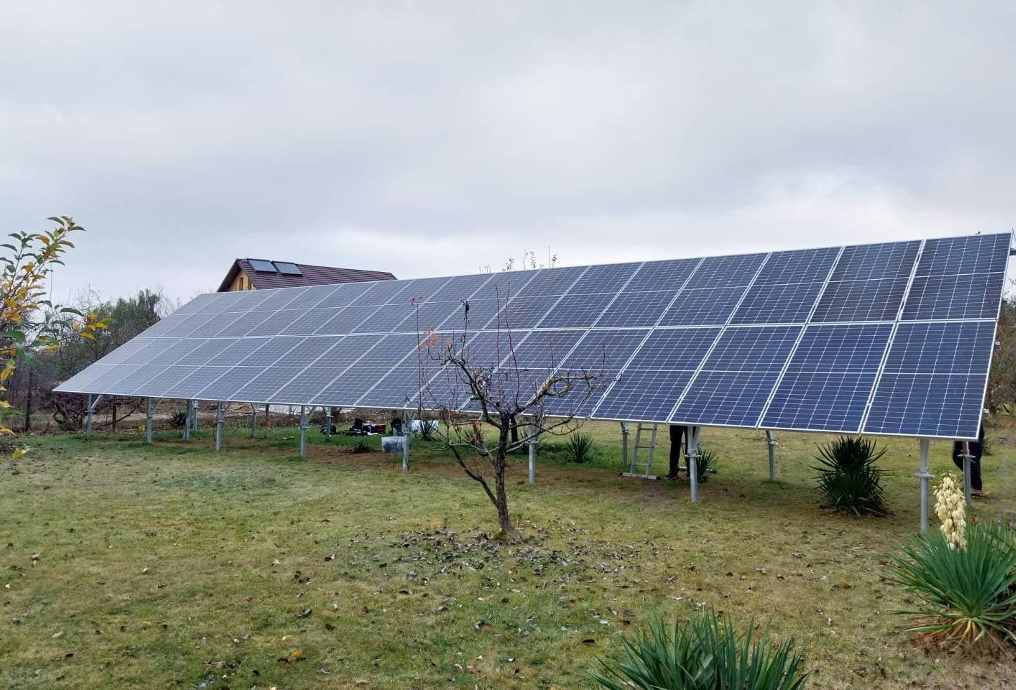 Panouri montate la sol, în livadă — instalație fotovoltaică Sunwire